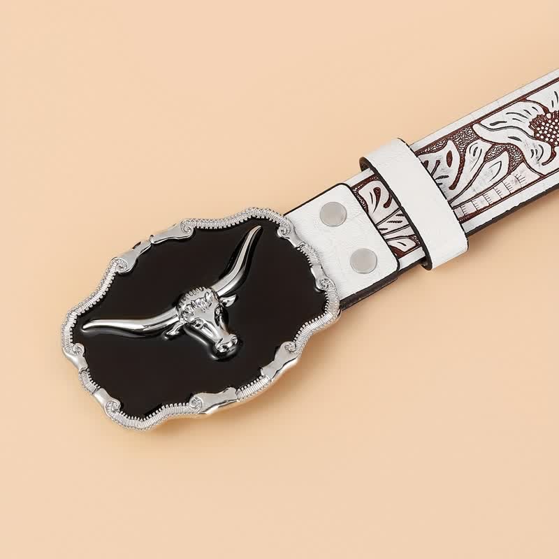 Men's Black Western Longhorn Bull Head Leather Belt - Image 3