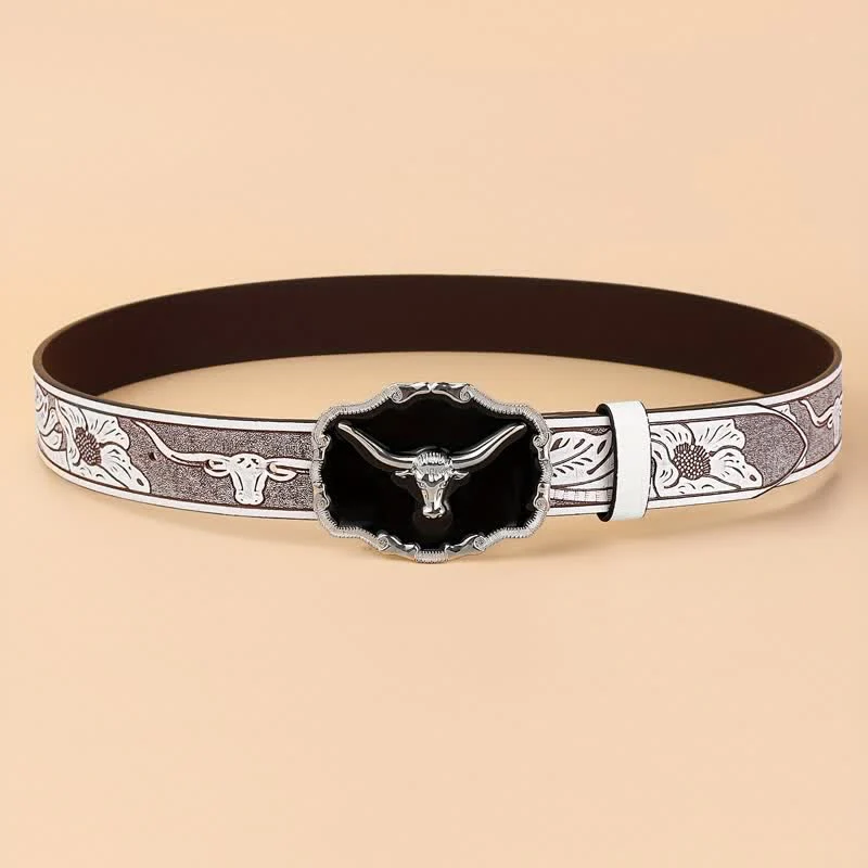 Men's Black Western Longhorn Bull Head Leather Belt - Image 4