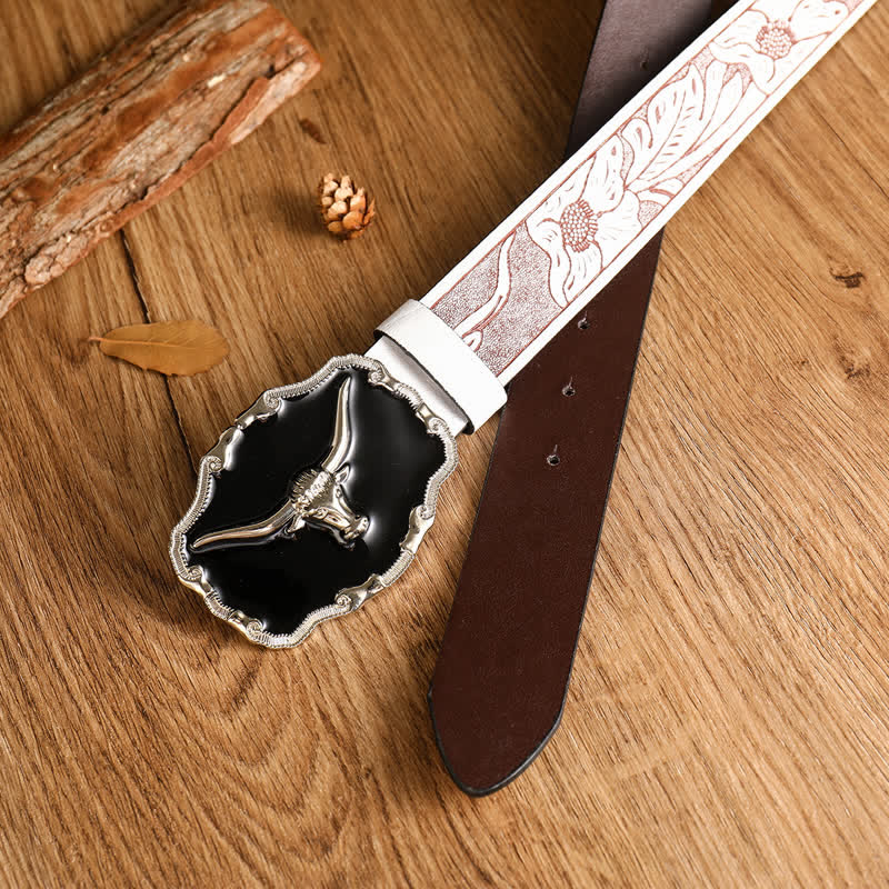 Men's Black Western Longhorn Bull Head Leather Belt - Image 5