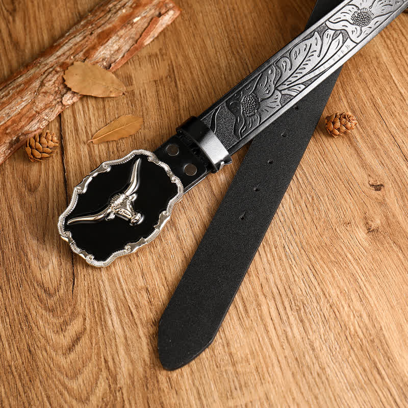 Men's Black Western Longhorn Bull Head Leather Belt - Image 7