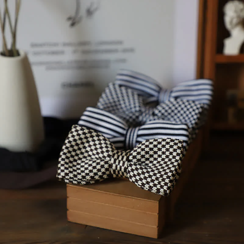 Men's Black & White Checkerboard Stripes Bow Tie - Image 6