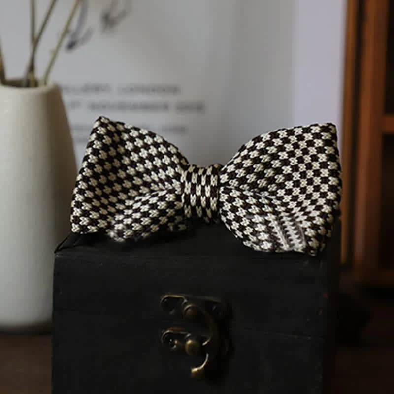 Men's Black & White Checkerboard Stripes Bow Tie - Image 8