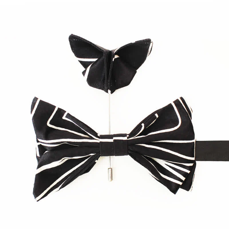 Men's Black & White Geometric Lines Bow Tie - Image 4