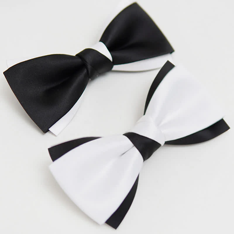 Men's Black White Two Tone Double Layered Bow Tie - Image 3