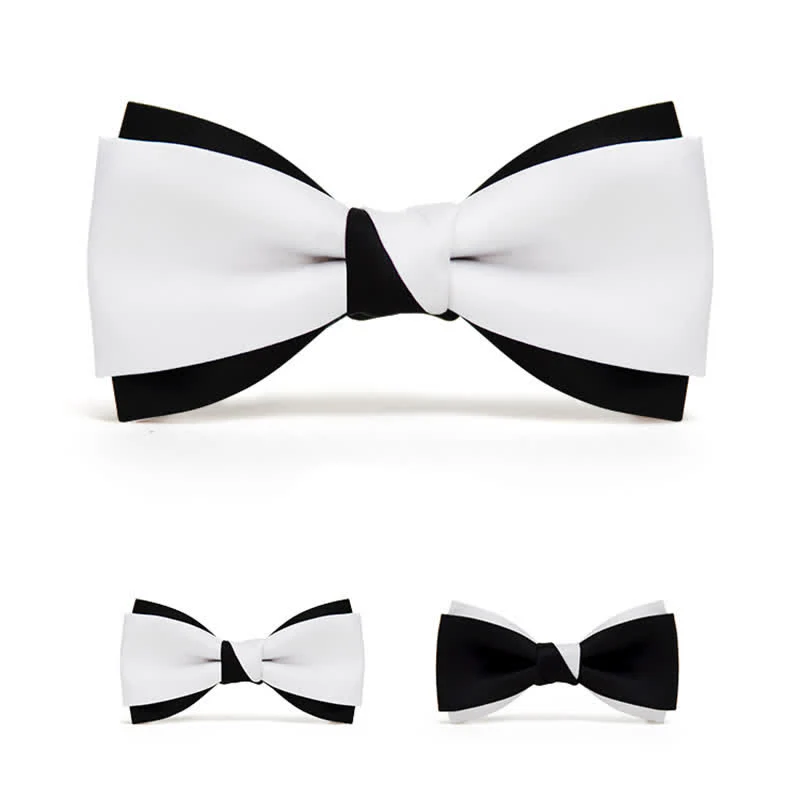 Men's Black White Two Tone Double Layered Bow Tie - Image 4