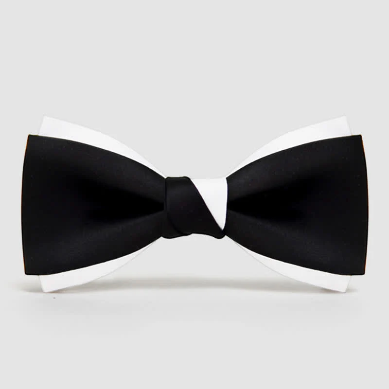 Men's Black White Two Tone Double Layered Bow Tie - Image 5