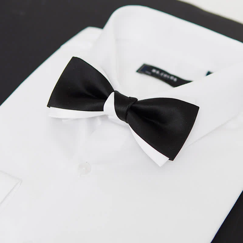 Men's Black White Two Tone Double Layered Bow Tie - Image 6