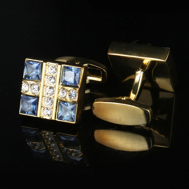 Men's Blue Crystal Rhinestone Gold Cufflinks - Image 3