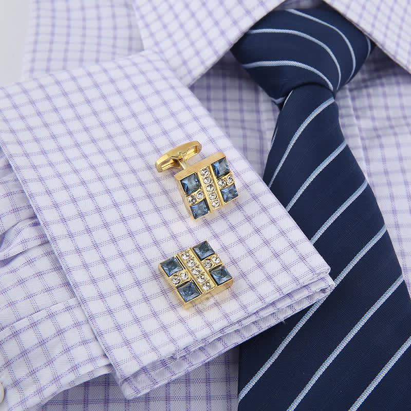 Men's Blue Crystal Rhinestone Gold Cufflinks - Image 4