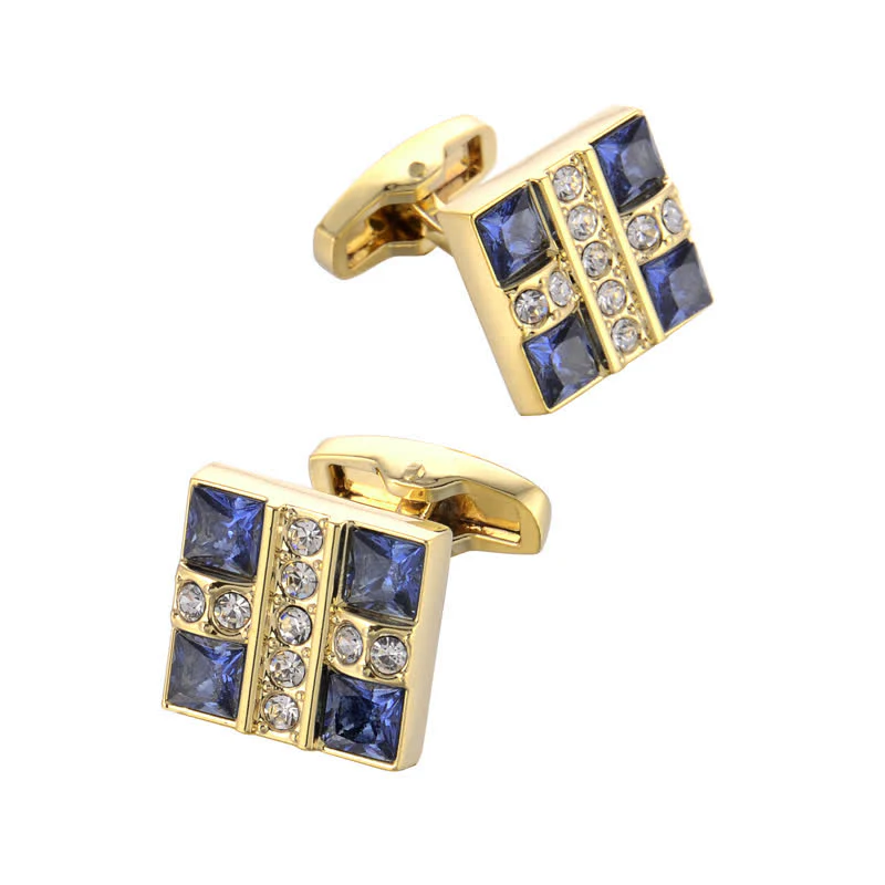 Men's Blue Crystal Rhinestone Gold Cufflinks - Image 5