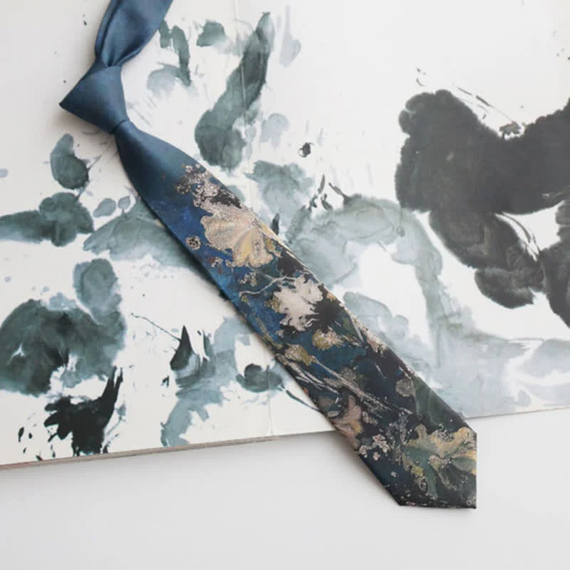 Men's Blue & Green Oil Painting Lotus Leaf Necktie - Image 2