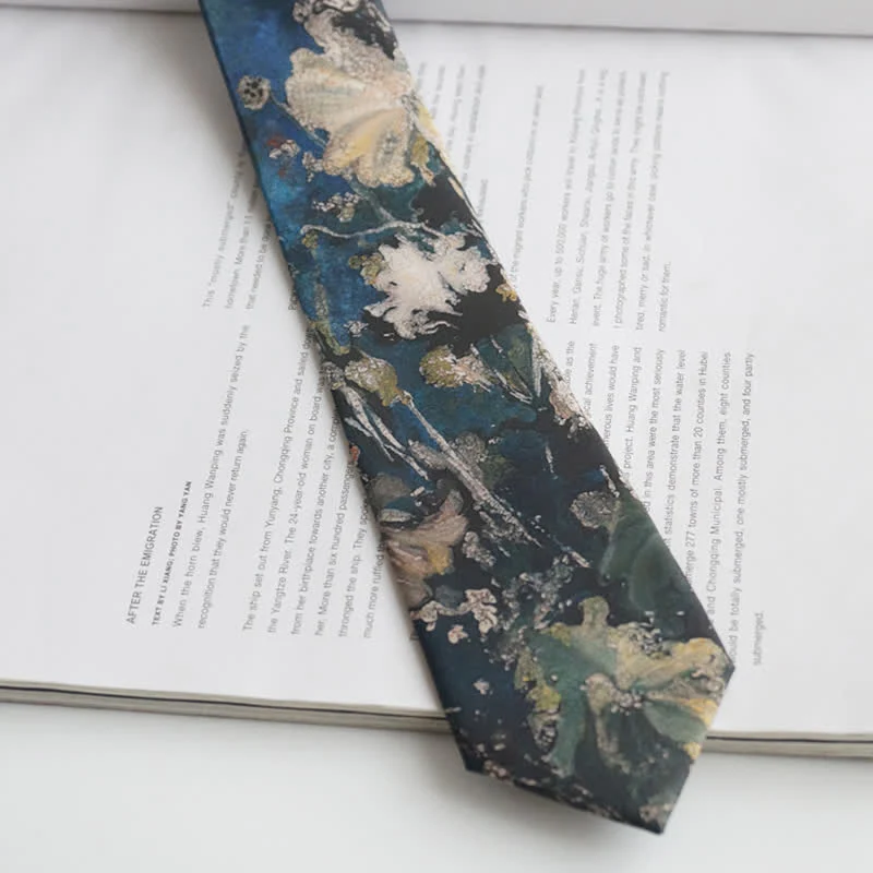 Men's Blue & Green Oil Painting Lotus Leaf Necktie - Image 3