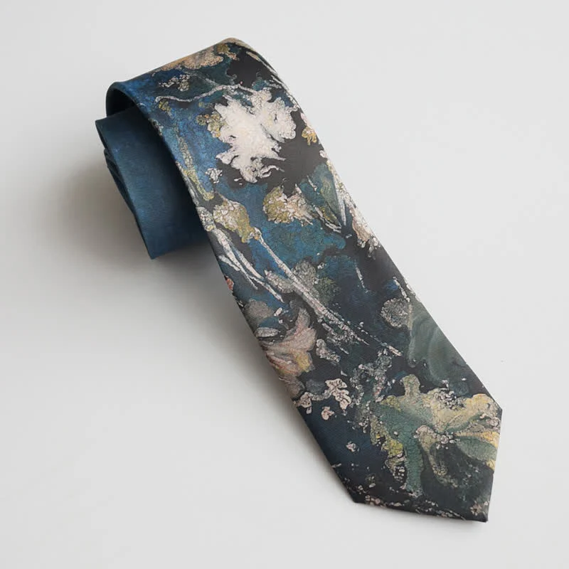 Men's Blue & Green Oil Painting Lotus Leaf Necktie - Image 6