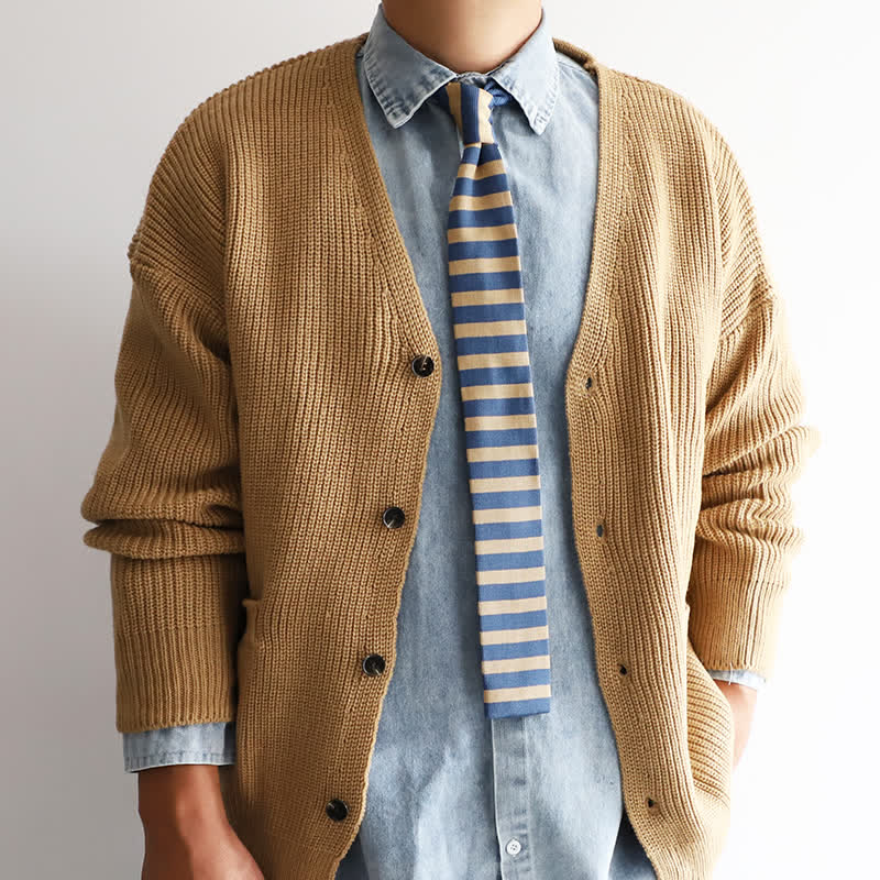 Men's Blue & Khaki Striped Knitted Necktie - Image 4