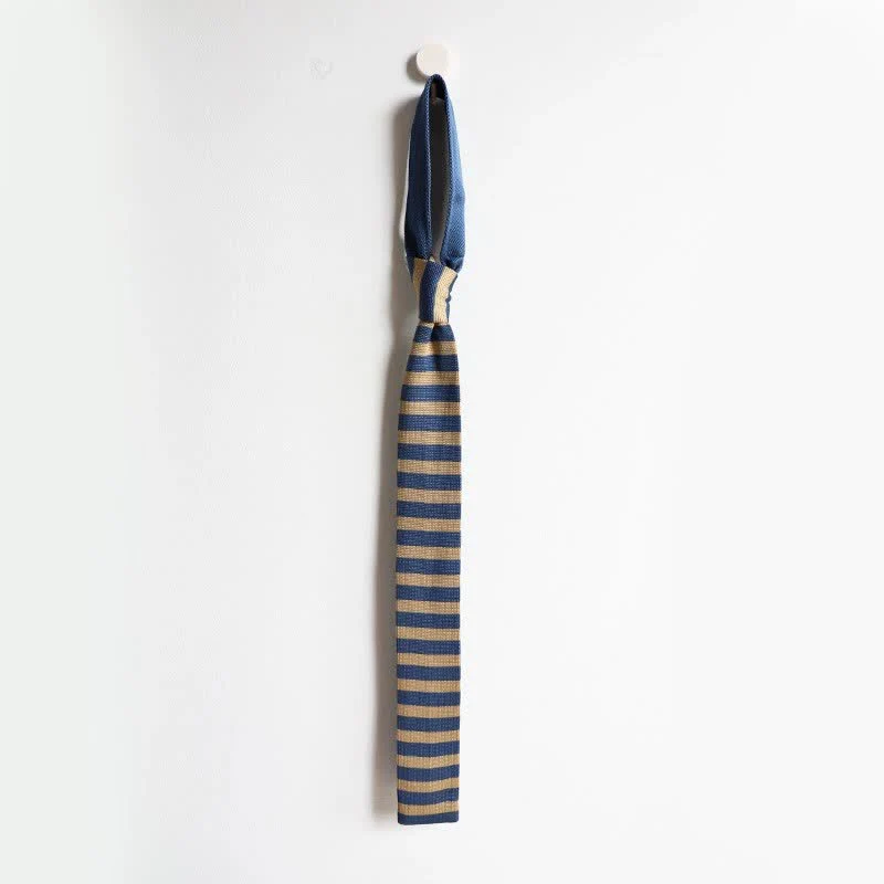 Men's Blue & Khaki Striped Knitted Necktie - Image 6