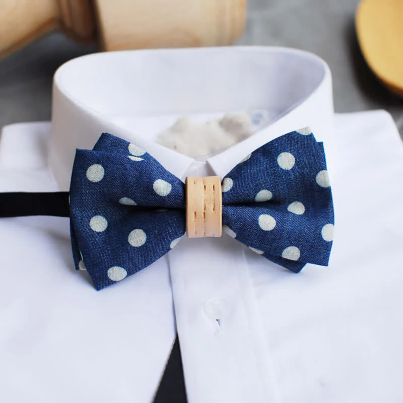 Men's Blue Polka Dots Leather Loop Bow Tie - Image 2
