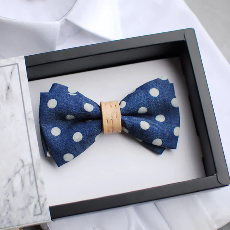Men's Blue Polka Dots Leather Loop Bow Tie - Image 3