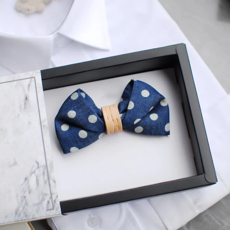 Men's Blue Polka Dots Leather Loop Bow Tie - Image 4