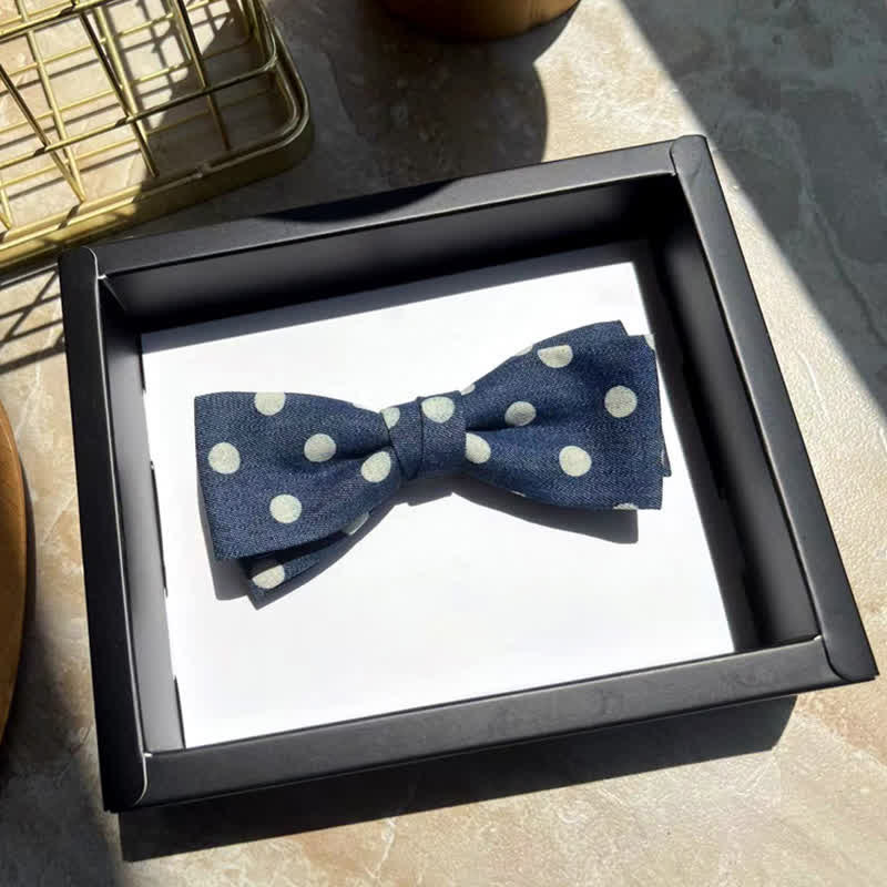 Men's Blue Polka Dots Leather Loop Bow Tie - Image 6