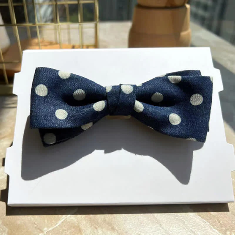 Men's Blue Polka Dots Leather Loop Bow Tie - Image 7