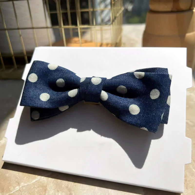 Men's Blue Polka Dots Leather Loop Bow Tie - Image 8