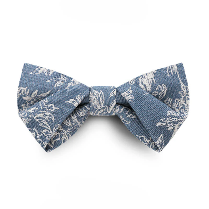 Men's Blue Series Flower Herringbone Pattern Denim Bow Tie