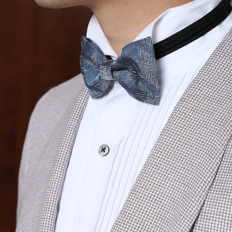 Men's Blue Series Flower Herringbone Pattern Denim Bow Tie - Image 11