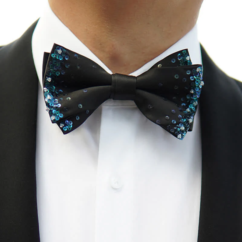 Men's Blue Shine Sequin Black Bow Tie - Image 2