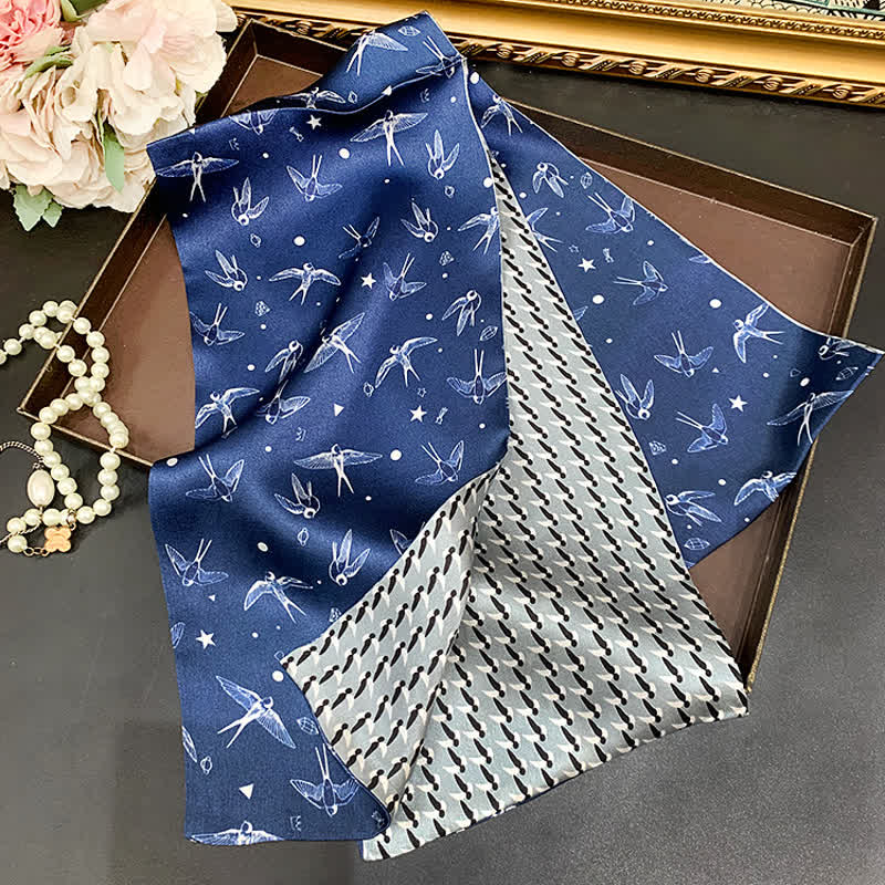 Men's Blue Sky White Swallow Dual Sided Thin Long Silk Scarf - Image 2