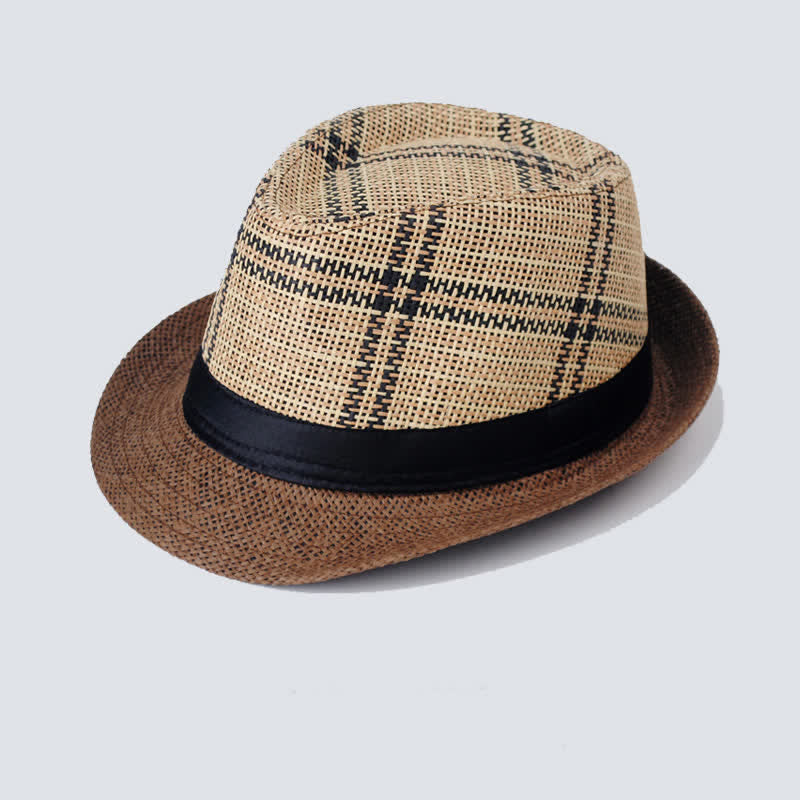 Men's Bohemia Style Plaid Pattern Straw Fedora Hat - Image 2