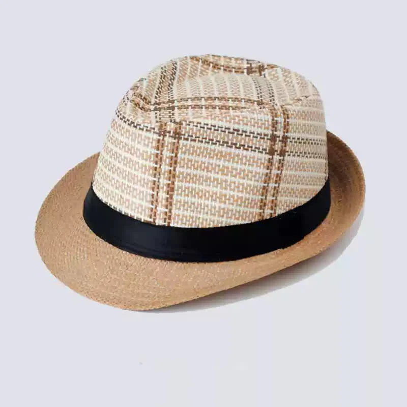 Men's Bohemia Style Plaid Pattern Straw Fedora Hat - Image 3