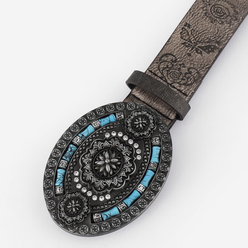 Men's Bohemian Turquoise Decor Floral Leather Belt - Image 2