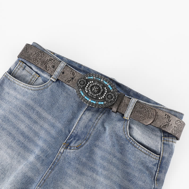 Men's Bohemian Turquoise Decor Floral Leather Belt - Image 4