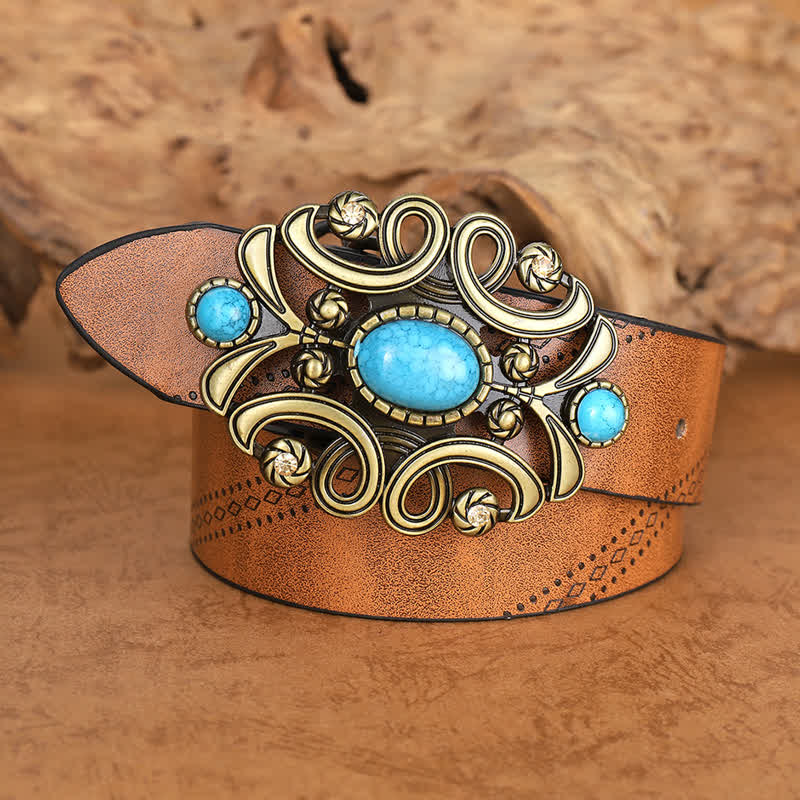 Women's Bohemian Turquoise Stone Floral Buckle Leather Belt - Image 2