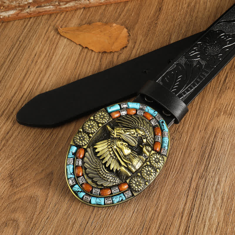 Men's Boho Indian Art Turquoise Leather Belt - Image 10