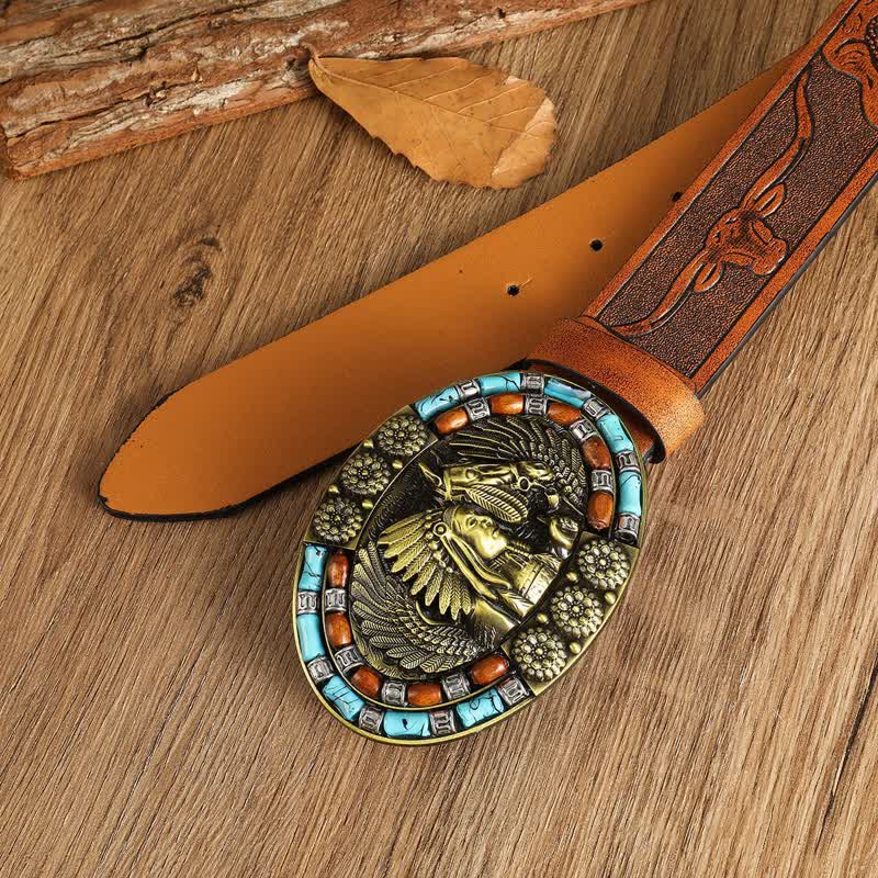 Men's Boho Indian Art Turquoise Leather Belt - Image 2