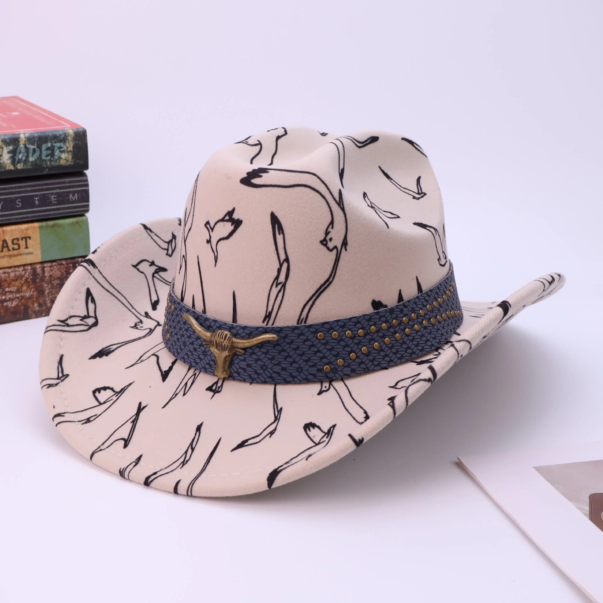 Men's Brass Bull Head Belt Bird Print Cowboy Hat - Image 3