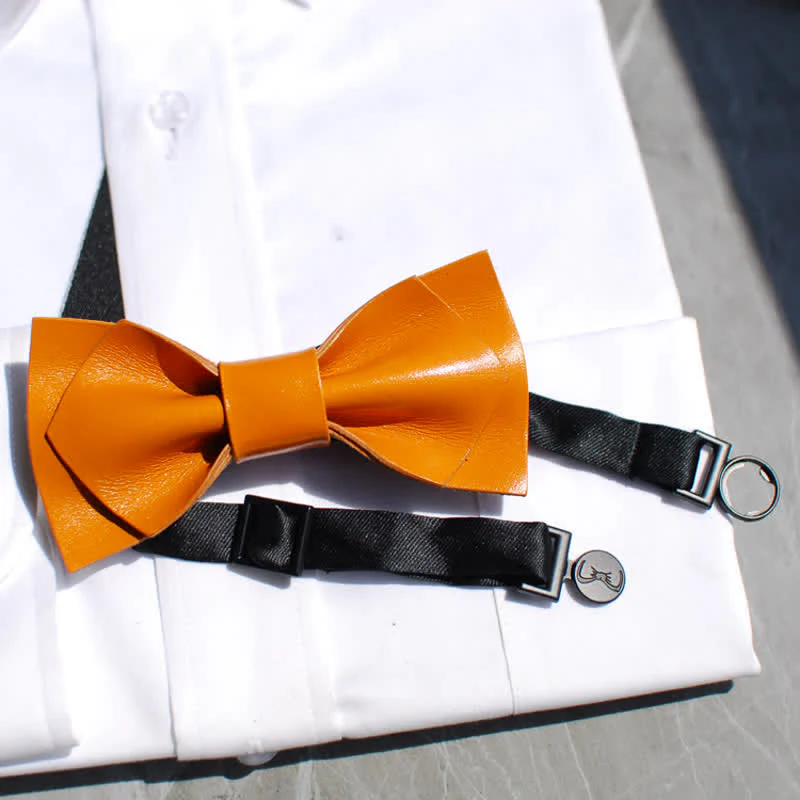 Men's Bright Double Layered Tanned Leather Bow Tie - Image 4