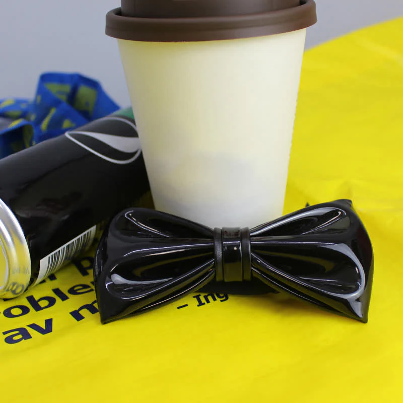 Men's Bright Jet Black Leather Bow Tie - Image 2