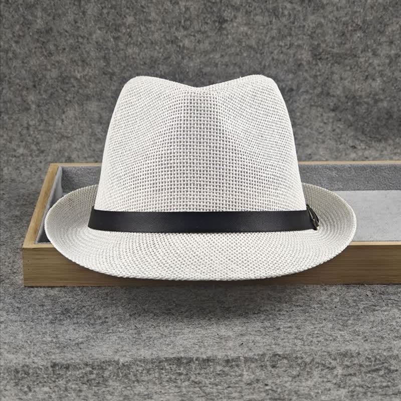 Men's British Plaid Houndstooth Pattern Summer Straw Fedora Hat - Image 10