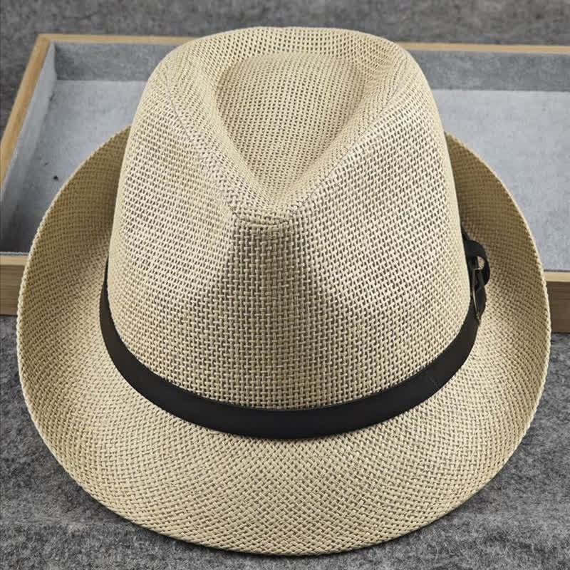 Men's British Plaid Houndstooth Pattern Summer Straw Fedora Hat - Image 11