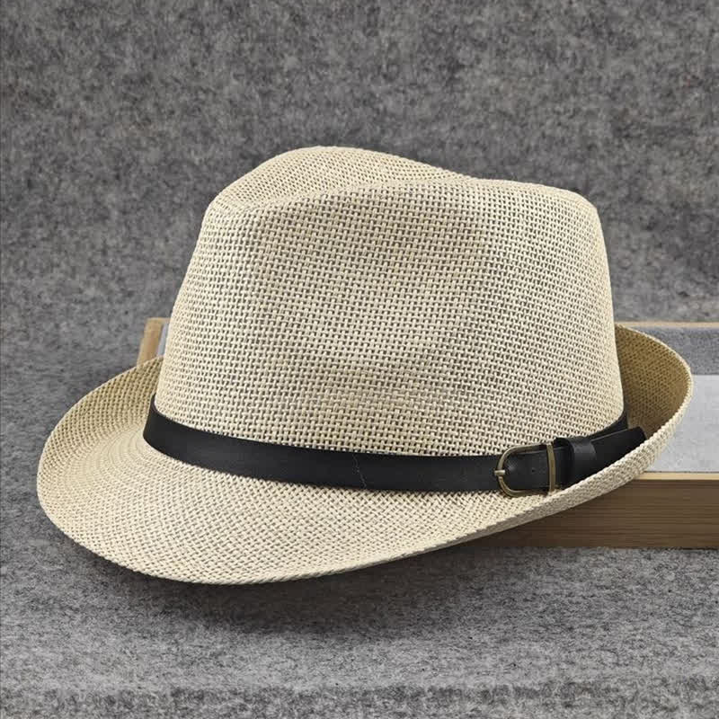 Men's British Plaid Houndstooth Pattern Summer Straw Fedora Hat - Image 12