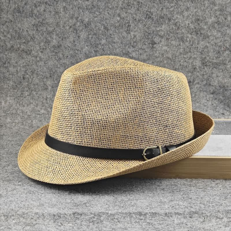 Men's British Plaid Houndstooth Pattern Summer Straw Fedora Hat - Image 2