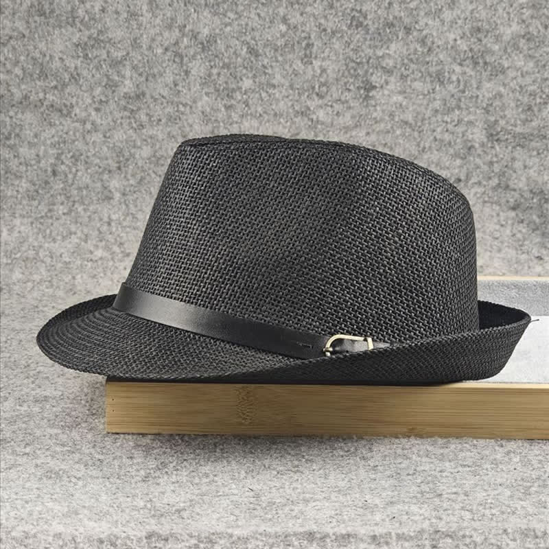 Men's British Plaid Houndstooth Pattern Summer Straw Fedora Hat - Image 4