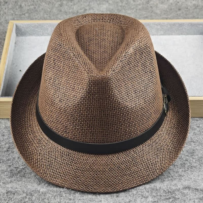 Men's British Plaid Houndstooth Pattern Summer Straw Fedora Hat - Image 5
