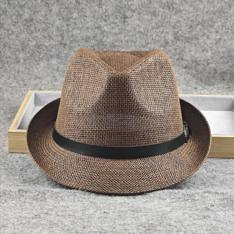 Men's British Plaid Houndstooth Pattern Summer Straw Fedora Hat - Image 6