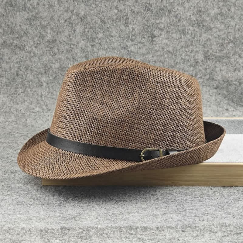 Men's British Plaid Houndstooth Pattern Summer Straw Fedora Hat - Image 7