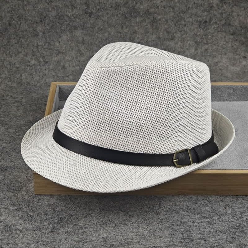 Men's British Plaid Houndstooth Pattern Summer Straw Fedora Hat - Image 9