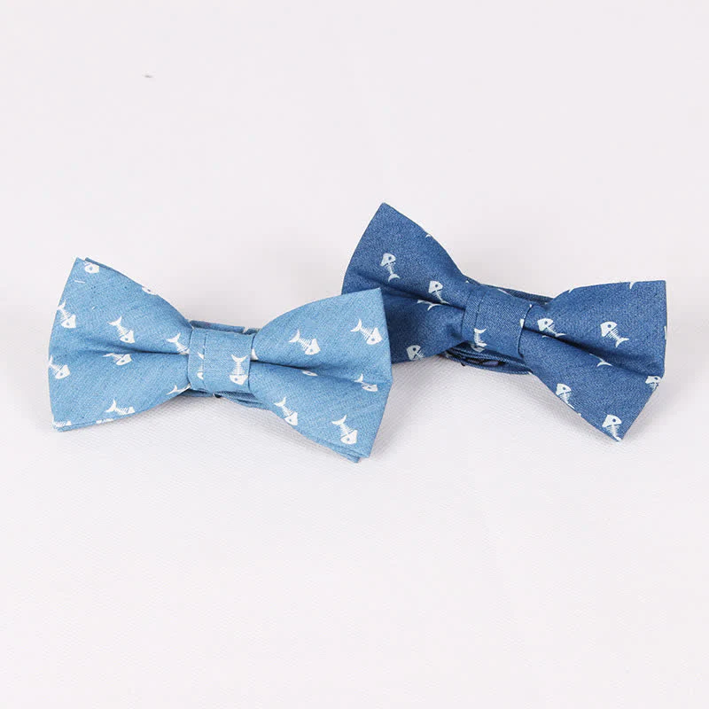 Men's British Style Blue Fish Bone Skull Print Cotton Bow Tie - Image 2