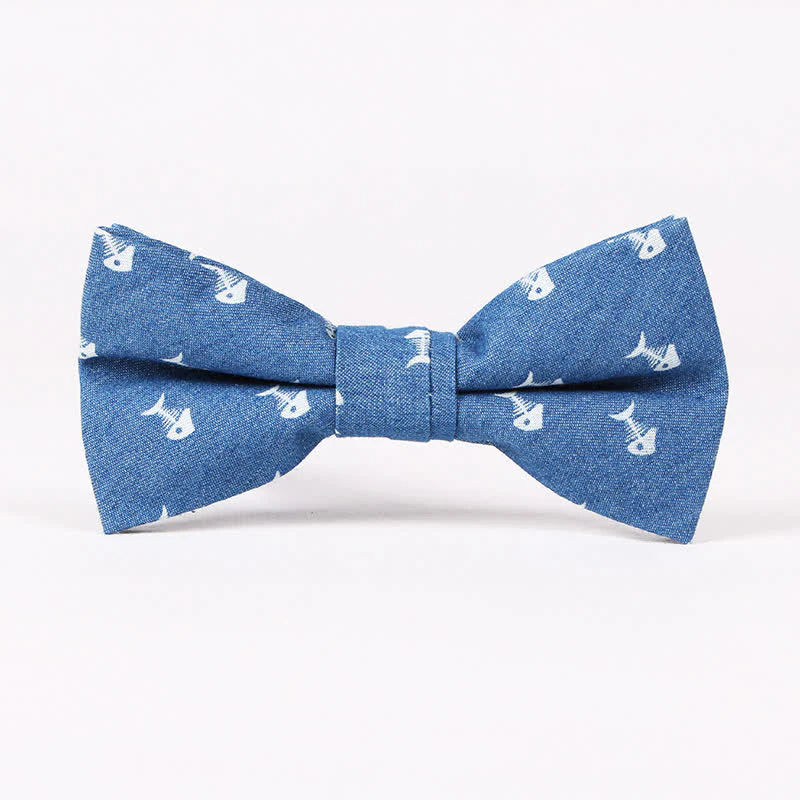 Men's British Style Blue Fish Bone Skull Print Cotton Bow Tie - Image 8